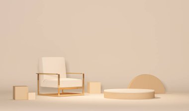 Podyum ve koltuk sahnesi çok az. Pastel krem ve bej renkli sahneler. Sosyal medya afişleri, tanıtım ve kozmetik ürünler için 3D moda. Geometrik şekiller iç kısımda.