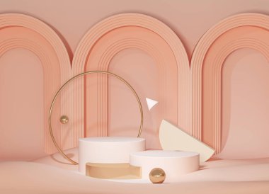 Soyut geometrik şekiller ve taş, minimum arkaplanda yaprak. Ürün sunumu için modern tasarım. Pembe ve mercan renkleri sahneleri. Sosyal medya afişleri için 3D moda oluşturma, promosyon