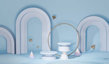 Asgari arkaplanda yaprak olan soyut geometrik şekiller. Ürün sunumu için modern tasarım. mor ve mercan renkleri sahneleri. Sosyal medya afişleri için 3D moda oluşturma, promosyon