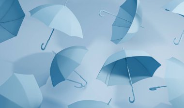 Ön ve üst manzara üzerinde mavi ve beyaz yüzen minimum fikir. İlkbaharda, sonbaharda ya da muson mevsiminde yağmur koruması için klasik aksesuar. Metnin için kopyalama alanı. 3d oluşturma