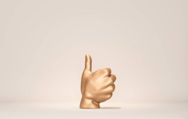 Beyaz el başparmağının üç boyutlu görüntüsü, jest gibi, beyaz arka planda izole edilmiş altın erkek manken elleri, vücut parçaları, moda konsepti, el hareketi, temiz minimal tasarım, boş alan