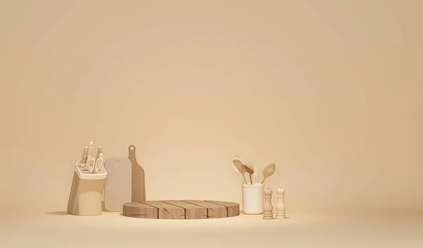 ベージュ色の背景で焼くためのパステル調理器具 パン作りのコンセプト 最小限の概念3Dレンダリング 製品プレゼンテーションのための創造的な背景 ブレンダーミキサーマシン 健康的なライフスタイル — ストック写真