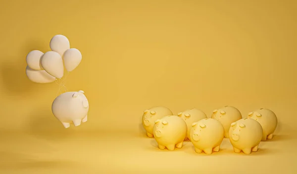 Prasečí Banka Létá Bublinkami Vyčnívat Davu Minimální Koncept Pastelové Žluté — Stock fotografie