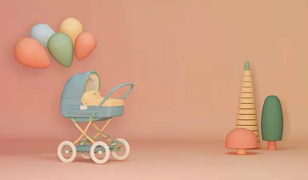 Gezgin ve yüzen balonlar çevrili ve pastel pembe arka planda oyuncaklar. Sosyal medya afişleri, promosyon, ürün şovu, stüdyo için 3D moda. Çocuklar ve bebek konsepti.