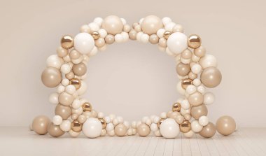 Balon süsleme elementleri. Düğün için kemer çerçevesi, doğum günü, bebek partisi kutlaması, tatil. Pastel krema ve altın rengi, bej renkli afiş arkaplan ve beyaz boş alan. 3d hazırlayıcı