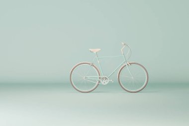 Pastel yeşil ve bej arka planda bisiklet. Sosyal medya için minimum bileşim, çevre dostu ulaşım. Asgari yaratıcı fikir düzeni, dünya gününde çevre koruma kavramı. 3d hazırlayıcı