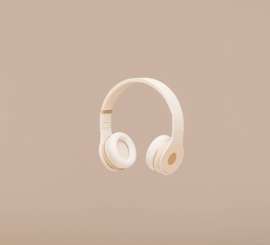 Pastel arka planda izole edilmiş bej ve beyaz kulaklık, minimum müzik konsepti. 3d oluşturma