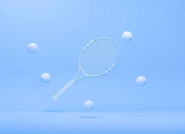 Tenis raketi, pastel mavi ve mercan zeminli toplar. Formda kalmak için son moda 3D tasarım. Spor ve sağlıklı konsept için en düşük bileşim.