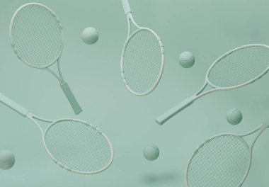 Pastel mavi ve yeşil arka planda topları olan tenis raketi. Formda kalmak için son moda 3D tasarım. Spor ve sağlıklı konsept için en düşük bileşim.