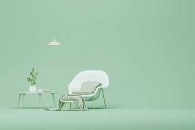 Yeşil stüdyoda, saksısı ve koltuğu olan yaratıcı bir iç tasarım. Pastel mavi ve beyaz arka plan. Web sayfası, sunum veya resim çerçevesi için 3B hazırlama