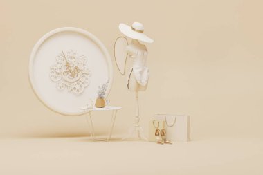 Kadının aksesuar çantası, yüksek topuklu ayakkabı, saati olan ruj, pastel bej rengi arka plan. 3D tasarım, alışveriş zamanı ve bayan konsepti