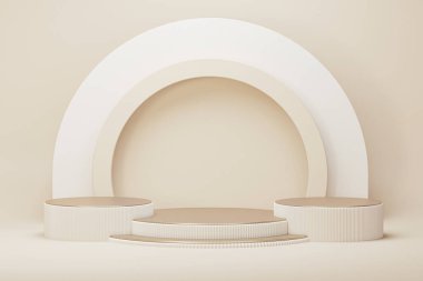 Ürün sunumu için kazanan podyum. Pastel ve bej arka planda yuvarlak podyum. 3 boyutlu resimleme. Boş kaide, maket ürünleri için ayağa kalk.