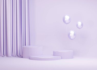 Ürün sunumu için kazanan podyum ve baloncuk. Pastel mor arka planda yuvarlak podyum. 3 boyutlu resimleme. Zarif ipek kumaş akışı, yüzeye düşer..