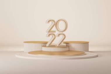 Podyum, hediye kutusu ve pastel arka planlı minimal sahne. Noel kavramı, mutlu yıllar 2022. 3D numaralar 2022 ve mektup metni, poster, afiş, kapak kartı, broşür, stüdyo, maket. 3d hazırlayıcı