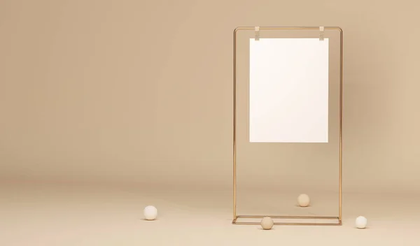Boş uzay posteri ya da afişi olan 3d canlandırma sahnesi. Tarafsız bej renkleriyle modern minimalist dijital illüstrasyon. Alışveriş mağazası, okul, etkinlik ve sosyal medya kavramı.