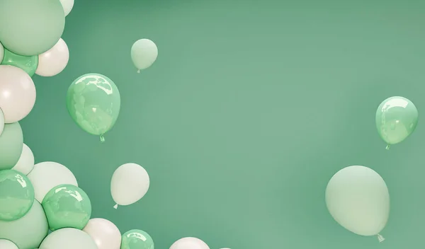 Yeşil zemin üzerinde yüzen beyaz, yeşil, pastel mavi balonlardan oluşan bir set. Doğum günü, sunum, tanıtım, parti veya diğer etkinlikler için pastel renklerde 3D modada gerçekçi tasarım.