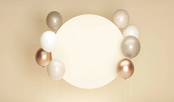 Balloon garland decoration elements. Frame arch for wedding, birthday, baby shower party celebration, holiday. Pastel cream and gold , beige banner background with white round empty space. 3d render