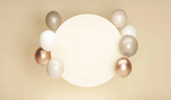 Balon süsleme elementleri. Düğün için kemer çerçevesi, doğum günü, bebek partisi kutlaması, tatil. Pastel krema ve altın rengi, bej renkli afiş arkaplan ve beyaz boş alan. 3d hazırlayıcı