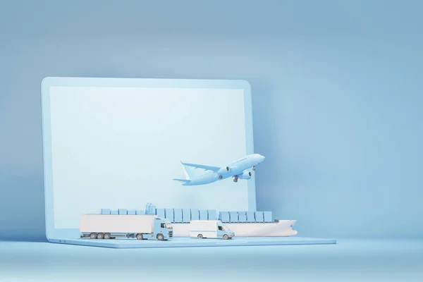 Kargo gemisi, kamyon ve uçakla yüzen bilgisayar. Pastel mavi arka planda dünya çapında çevrimiçi ürün siparişleri kavramı. Taşıma türleri yüklüdür. 3d hazırlayıcı