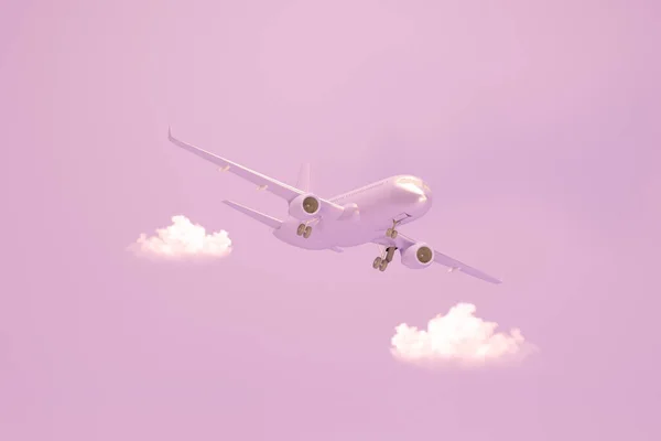 粉红的飞机在天空中带着云彩飞行 飞机起飞和粘贴背景 最小的概念 航空公司的概念旅游飞机乘客 喷气式商业飞机 3D渲染 — 图库照片