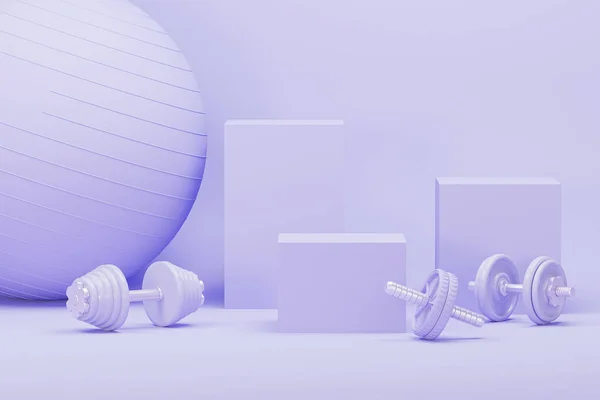 运动装备背景为健康生活方式包装展示 一套体育用品 背景为淡紫色和白色 时尚3D渲染健身 女性概念 在健身房举重 — 图库照片