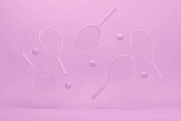 Тенісна Ракетка Кульками Пастельному Рожевому Кораловому Тлі Модний Рендеринг Фітнесу — стокове фото