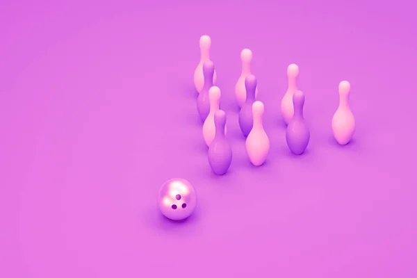 Bowling Golyó Szórt Rózsaszín Skittles Izolált Sárga Alapon Reális Játék — Stock Fotó