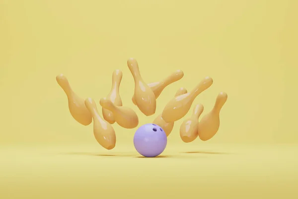 Boule Bowling Violette Quilles Jaunes Éparpillées Isolées Sur Fond Pastel — Photo
