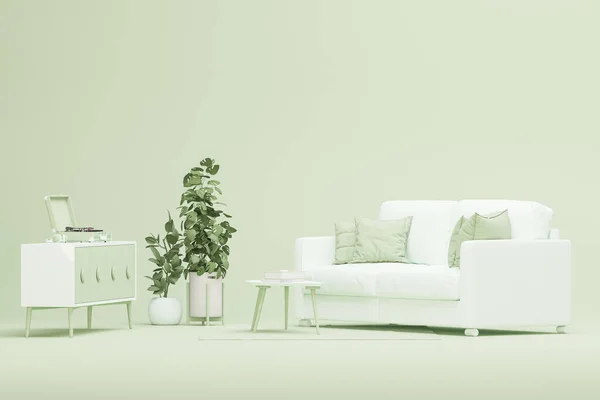 Creative interior design in green studio with plant pot and sofa. Pastel blue and white color background. 3D rendering for web page, presentation or picture frame