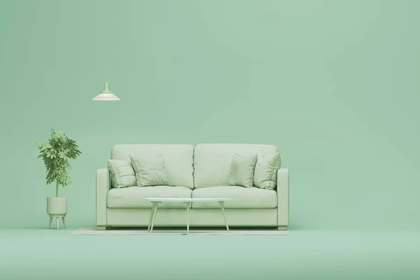 植物の鍋やソファと緑のスタジオで創造的なインテリアデザイン パステルブルーとホワイトの背景色 ウェブページ プレゼンテーション 画像フレームの3Dレンダリング — ストック写真
