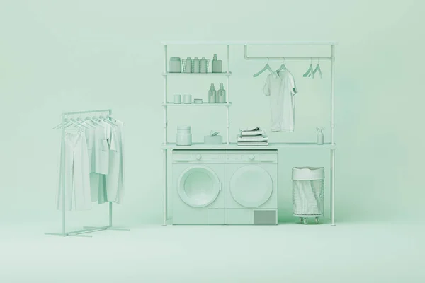 ハンガーに洗濯機や衣類 モノクロームの緑の背景に収納棚 ミニマリストのランドリールーム機器のコンセプト ソーシャルメディアバナー スタジオ プレゼンテーションのためのトレンディな3Dレンダリング — ストック写真
