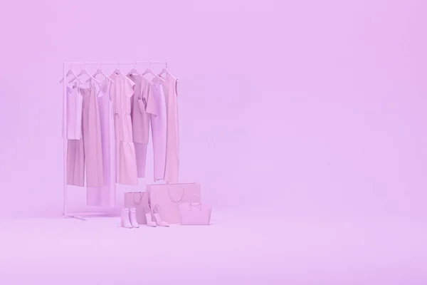 衣服在发牢骚的背景 购物袋在粉红色的背景 收集的人体模特与衣服挂在一个架子上的苍白的颜色 3D渲染 商店和卧室概念 — 图库照片