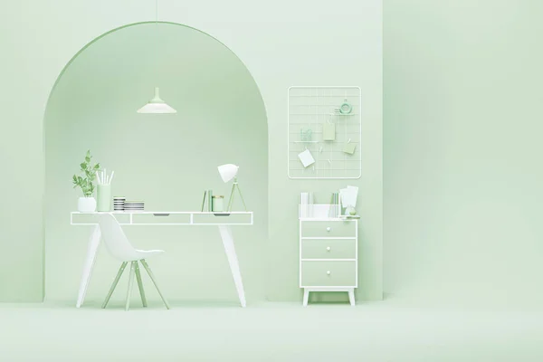 Minimal idea for study desk and work at home in pastel green and white, beige color with furnitures, sofa, plant and vase. Healthy lifestyle. 3D render.