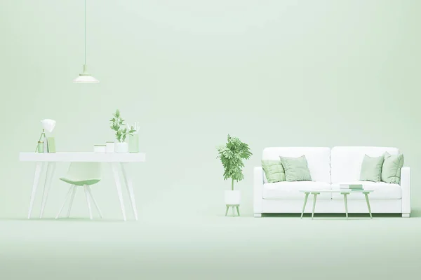 最小的想法 学习桌上和工作在家里用糊状的绿色和白色 米色的家具 植物和花瓶 健康的生活方式3D渲染 — 图库照片