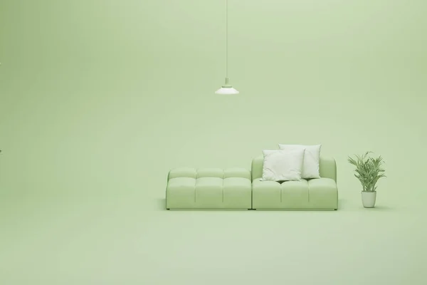 单色绿色扶手椅 植物在淡蓝色背景 背景浅 有复制空间 演示或图片背景的3D渲染 — 图库照片