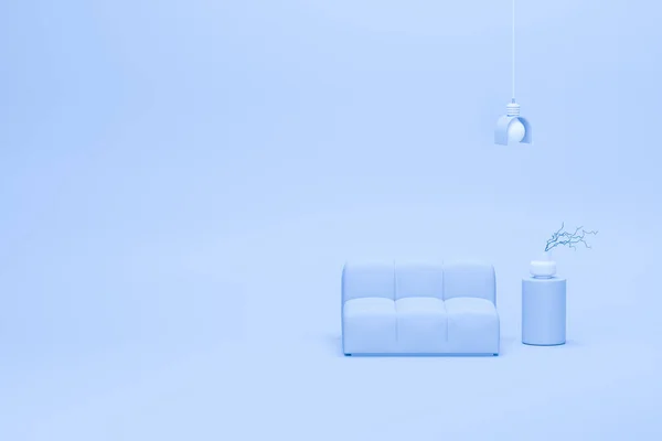 ソファ アームチェア ランプ付きのシンプルなモノクロームのパステルブルーの色で部屋のインテリア コピースペース付きの明るい背景 ウェブページ プレゼンテーション または画像フレームの背景の3Dレンダリング — ストック写真