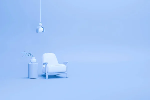ソファ アームチェア ランプ付きのシンプルなモノクロームのパステルブルーの色で部屋のインテリア コピースペース付きの明るい背景 ウェブページ プレゼンテーション または画像フレームの背景の3Dレンダリング — ストック写真