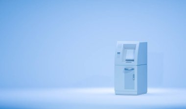 Pastel mavi ve yeşil arka planlı ATM iş teknolojisi. Kopyalama alanı ile çok az kavramsal. Farklı bir fikir. Para çekiliyor. 3d hazırlayıcı