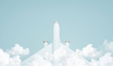 Pastel mavi uçak bulutlarla gökyüzünde uçuyor. Uçak kalkış ve pastel arka plan. Minimum fikir konsepti. Uçak konsepti yolcuları. Jet ticari uçaklar. 3d hazırlayıcı