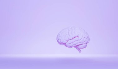 Pastel mor arka planda çok az beyin var. İnsan beyni anatomik model üç boyutlu resimleme, komik konuşma balonu düşünüyorum. 3d oluşturma.