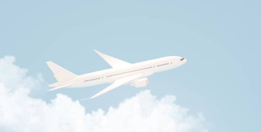 Pastel mavi arka planda bulutlu uçak. Uçak konsepti yolcuları. Jet ticari uçaklar. 3d hazırlayıcı