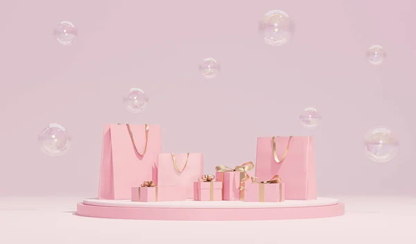Minimales Werbekonzept Mit Einkaufstaschen Mit Blase Und Geschenken Auf Pastellrosa — Stockfoto