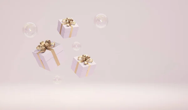 Blue Geschenkbox Mit Goldener Schleife Schwebt Auf Pastellrosa Hintergrund Fliegende — Stockfoto