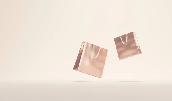 Beyaz ve bej arka planda yüzen Rosegold alışveriş torbaları ile minimal alışveriş reklam konsepti. Çevrimiçi ödeme konsepti. 3d hazırlayıcı