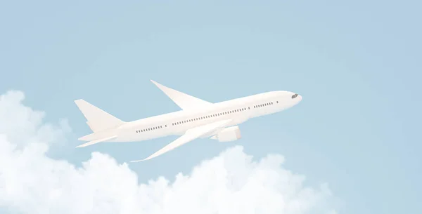 蓝色背景上有云彩的飞机 航空公司的概念旅游飞机乘客 喷气式商业飞机 3D渲染 — 图库照片