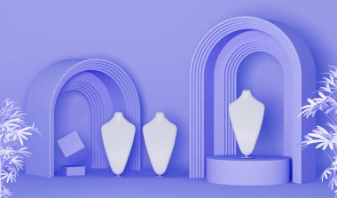 Mor arkaplandaki kolye için mücevher sergisi. Tutucu dur. Pastel rengi manken mücevher standı. Sosyal medya afişleri, tanıtımlar, sunumlar için 3D modaName