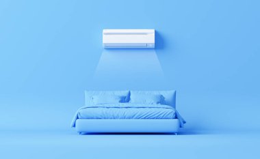 Beyaz klima ve pastel mavi arka planda yatak. Klimayı kontrol etmek, havalandırmayı bölmek. Soğuk ve soğuk iklim kontrol sistemi. Minimalizm kavramı. 3d hazırlayıcı