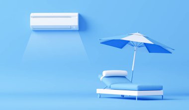 Beyaz klima ve şemsiye, mavi arka planda plaj sandalyesi. Klimayı kontrol etmek, havalandırmayı bölmek. Sıcak ve soğuk iklim kontrol sistemi. Minimalizm kavramı. 3d hazırlayıcı