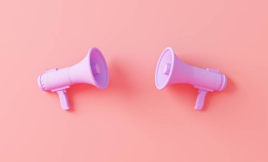 Pastel pembe ve mor arka planda iki megafon. Asgari hoparlörler kopyalama alanı ile kavramsaldır. Farklı bir fikir. Sosyal medya afişleri, promosyon ve ürün için 3D moda hazırlama
