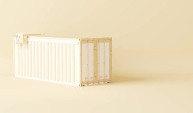 Malların denizden, havadan ve yoldan taşınması için pastel krem ve bej arka planda konteynırlar. Kargo konsepti. Uluslararası ithalat, ihracat. Ulaşım hizmetleri. 3d oluşturma